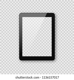 Realistic Tablet Mockup On Transparent Checkered Background. Shiny Black Pad Tablet Ebook Template With Empty Blank Screen.