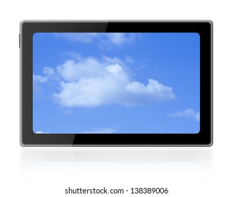 Realistic tablet pc computer with clouds. Isolated on white background.