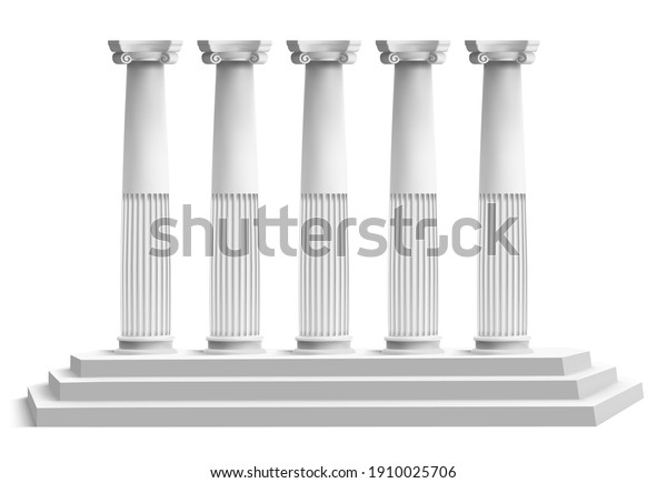 Realistic temple columns. Ancient greek
pillars with marble 3d stair podium. Antique columns facade 
illustration. Ancient pillar, realistic sculpture
column