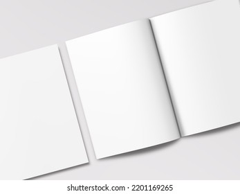 Realistic top view cover and opened portrait A4 or A5 magazine or brochure booklet for stationery and branding. Mockup template isolated light grey background and leaf shadow overlay. 3D rendering. - Powered by Shutterstock