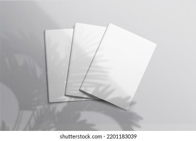 Realistic top view cover and opened portrait A4 or A5 magazine or brochure booklet for stationery and branding. Mockup template isolated light grey background and leaf shadow overlay. 3D rendering. - Powered by Shutterstock