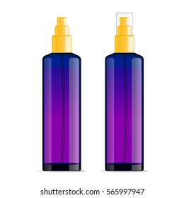 Realistic transparent cosmetic bottle sprayer container  Violet dispenser and golden cap for cream  perfume    other cosmetics  Mockup template for design  illustration set