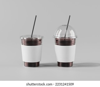 A realistic transparent disposable ice cup with a cup holder, Transparent plastic cup mockup with lid, Iced Americano, 3d rendering, 3d modeling