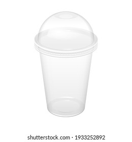 Realistic Transparent Disposable Plastic Cup With Lid. For various drinks, lemonade, fresh, coffee or ice cream. Mock up for brand template. 3D illustration.