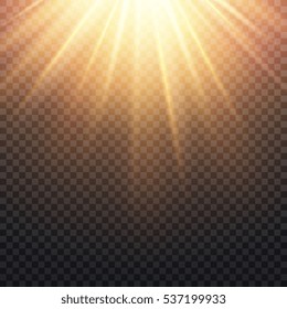 Realistic Transparent Yellow Sun Rays, Warm Orange Flare Effect Isolated On Checkered Background. Sunshine From Star, Sunbeam Bright Illustration.