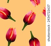 Realistic Tulips Seamless Pattern. Spring Blossom Floral Backgroound.