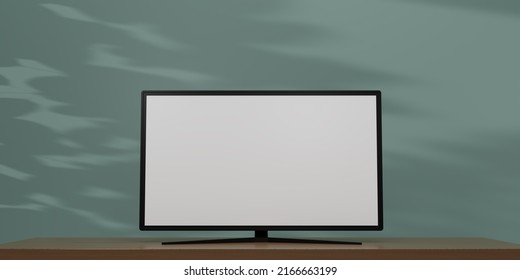 Realistic TV screen. TV flat screen LCD, plasma realistic illustration in the green room, 4k monitor isolated on a green background. Black LED television. Modern blank screen. 3D render illustration.