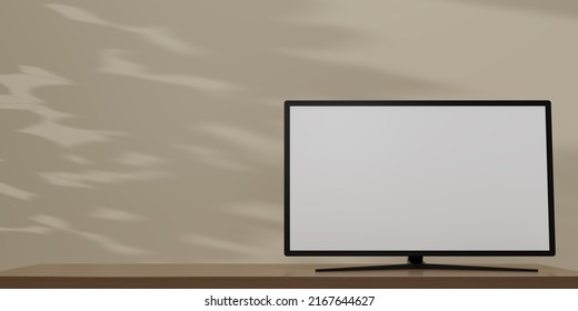 Realistic TV screen. TV flat screen LCD, plasma realistic illustration in the beige room, 4k monitor isolated on a beige background. Black LED television. Modern blank screen. copy space. 3D render.