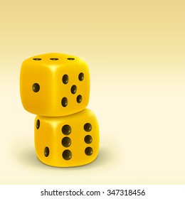 Realistic two gold dice stacked on light yellow background