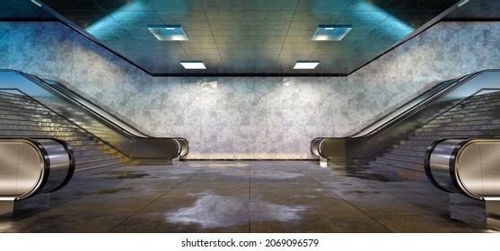 Realistic Underground Subway Station Background With Wet Floors. Futuristic Metro Interior With Glowing Lights And Escalators. 3D Rendering