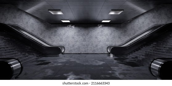 Realistic Underground Subway Station Background With Wet Floors. Futuristic Metro Interior With Glowing Lights And Escalators. 3D Rendering