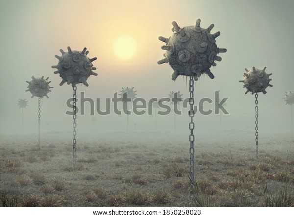 Realistic\
underwater mines in grass field with fog and sun. Surrealistic\
concept art. Abstract 3d\
illustration.