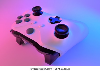 Realistic video game controller in neon lights on white table background. 3D rendering of streaming gear and virtual reality concept