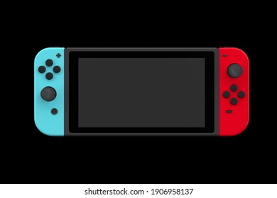 Realistic video game controllers attached to touch screen isolated on black with clipping path. 3D rendering of blue and red gamepad for online gaming