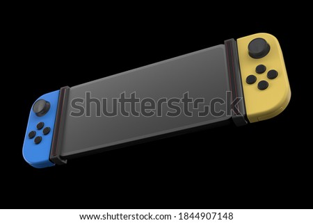 Realistic video game controllers attached to mobile phone isolated on black with clipping path. 3D rendering of blue and yellow gamepad for online gaming
