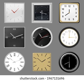 Realistic Wall Clocks. Round And Square Clocks Face, 3d Classic Silver, Gold Wall Clocks, Analog Time Watch. Modern Wall Watches  Illustration Set. Dial In Frames And Borders