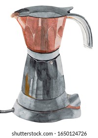 Realistic, Watercolor Drawing Of A Coffee Pot. Suitable For Magazine Spread, Packaging, Poster, Postcard, Business Card And Other Products.