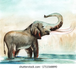 Realistic watercolor portrait of elephant swimming in river. Big animal with huge dangerous tusks and curved trunk standing in water. Hand drawn illustration of wildlife on abstract beige background