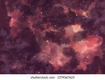 Realistic watercolor sky with shining stars. Beautiful background on the night with clouds. Texture with the possibility of printing on a T-shirt, poster.  Illustration of a starry sky.