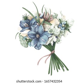 チューリップ バラ 牡丹 アルストロメリアの花のリアルな結婚式のブーケ 白い背景にデジタルイラスト 結婚式の招待状 カード デザインで使用します 花屋 装飾家 のイラスト素材