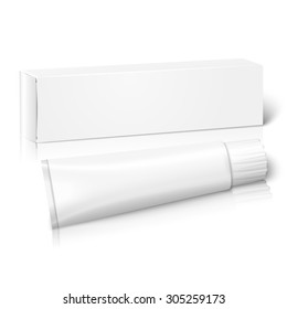 Realistic white blank paper package box with tube for oblong stuff - toothpaste, cosmetics, medicine etc. Isolated on white background with reflection, for design and branding. 