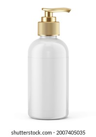 Realistic White Bottle With Gold Batcher Pump, For Gel, Soap, Body Wash, Lotion, Shampoo, On A White Background. Template Mockup - 3d Rendering