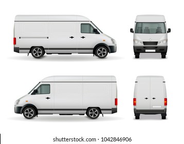 Realistic White Cargo Van With Empty Surface Advertising Mockup Side View, Front And Rear  Illustration