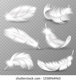 Realistic white feathers. Birds plumage, falling fluffy twirled feather, flying angel wings feathers. Realistic isolated easy goose animal plume logo set