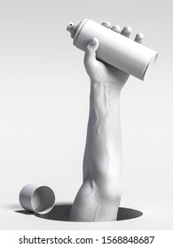 Realistic White Human Hand Holding Aerosol Paint Can With Empty Space. 3d Rendering. Minimalism. Rebel Concept