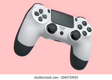 Realistic white joystick for video game controller on pink background. 3D rendering of streaming gear for cloud gaming and gamer workspace concept