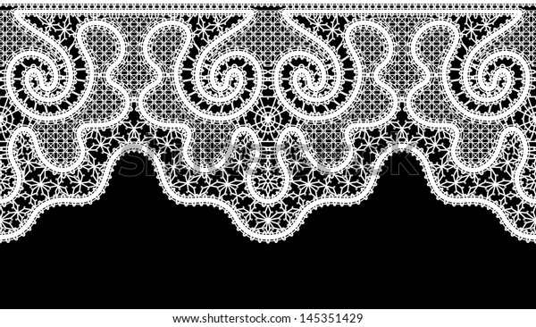 Realistic white lace, seamless border on\
black, raster\
illustration