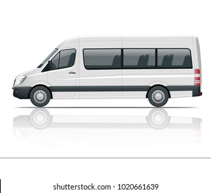 Realistic White Van Template Isolated Passenger Mini Bus For Corporate Identity And Advertising. View From Side,  Illustration