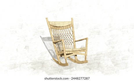 Realistic wooden Rocking Chair in 3d rendering, silhouette on sketch. Front Porch Rocking Chair. Relax symbol.