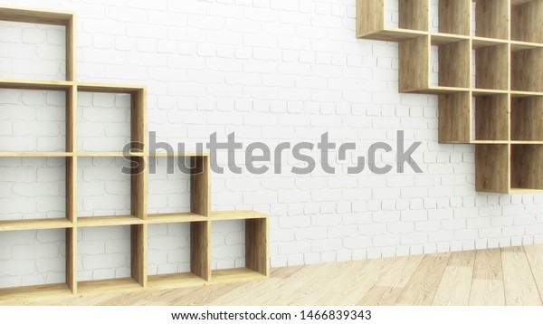 Realistic Wooden Shelves Brick Wall Decoration Royalty Free