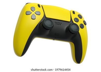 Realistic Yellow Video Game Joystick On White Background. 3D Rendering Of Streaming Gear For Cloud Gaming And Gamer Workspace Concept