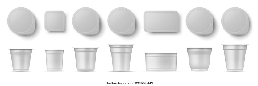 Realistic yogurt cup packages side and top view mockup. Dairy product, sour cream, dessert plastic pack with lid. Food container  set. Packaging in different forms for eating