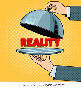 Reality on serving tray plate. Concept illustration. Pop art style hand drawn color raster illustration. - Powered by Shutterstock