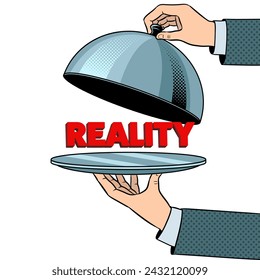 Reality on serving tray plate isolated on white background. Concept illustration. Pop art style hand drawn color raster illustration. - Powered by Shutterstock