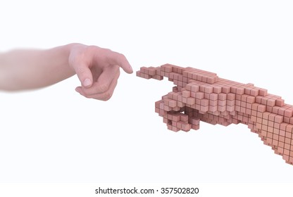 Reality vs simulation - real human hand and it's virtual version made out of voxels