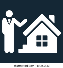 Realty Agent Icon. Glyph Style Is Flat Iconic Symbol, White Color, Dark Blue Background.