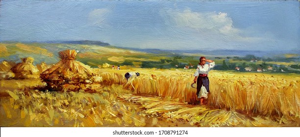 reapers on a wheat field during harvest,fine art, oil painting, agriculture, harvest, summer, sky, nature