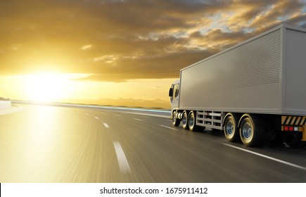Rear Angle View Of Delivery Truck Run On The Road With Sunrise Cityscape,fast Delivery,cargo Logistic And Freight Shipping Concept. 3d Rendering.