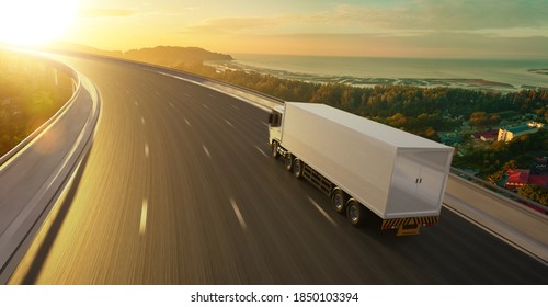 Rear angle view of delivery truck run on the road with sunrise cityscape,fast delivery,cargo logistic and freight shipping concept. 3d rendering.
