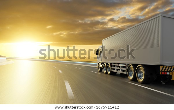 Rear angle view of delivery truck\
run on the road with sunrise cityscape,fast delivery,cargo logistic\
and freight shipping concept. 3d\
rendering.