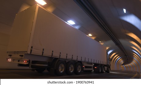 Rear And Side View Of A Semi Trailer Truck On The Move Inside A Tunnel 3D Rendering