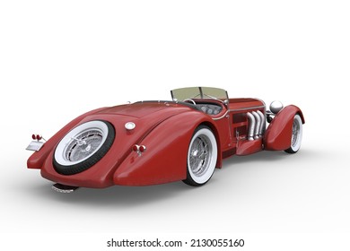 Rear View Of 1920s Vintage Concept Convertible Roadster Sports Car With Red Paintwork And Whitewall Tyres. 3D Illustration Isolated On White.