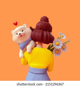 Rear view of brunette girl wears blue pants yellow t-shirt holds kawaii fluffy playful white puppy lies on her shoulder. Bouquet of large daisies. Nature lover. Minimal style 3d render orange backdrop