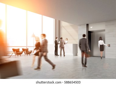 Rear view of business people in an elevator hall of their office. There is a reception desk in the corner. Panoramic windows. 3d rendering. Toned image. Mock up. - Powered by Shutterstock