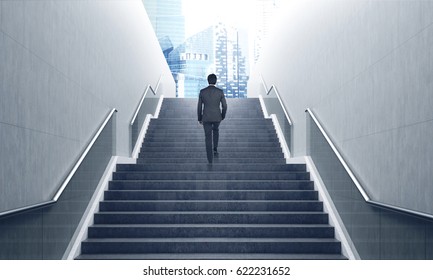 Rear view of a businessman ascending a staircase in a city. Cityscape is in the background. Toned image, film effect. 3d rendering