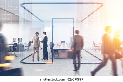 Rear View Of Businesspeople Standing And Passing By A Conference Room With Glass Walls In A Busy Office. Toned Image, Double Exposure